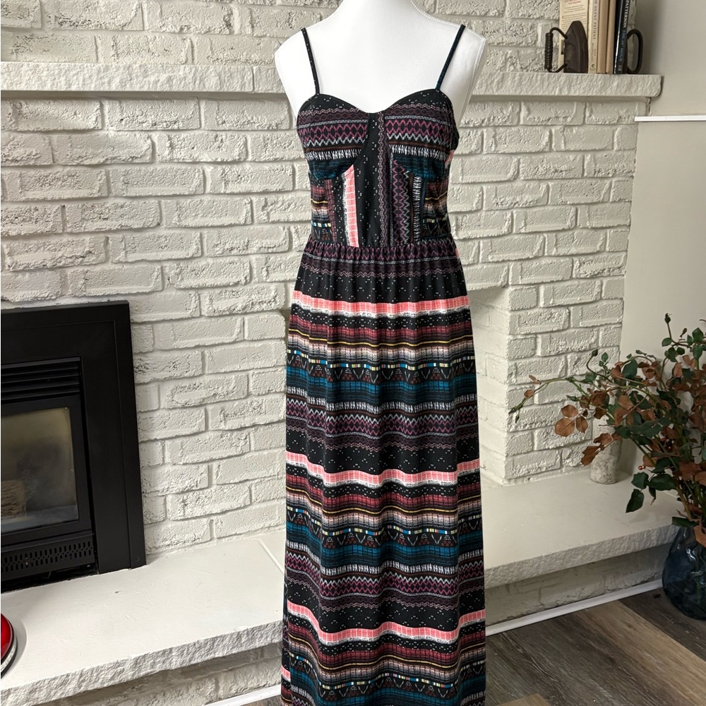 Striped Black Maxi Sundress with Pink and Teal Accents Size Medium